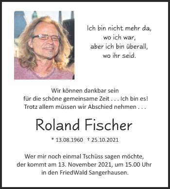 Traueranzeige von Roland Fischer von Trauerkombi Sangerhausen