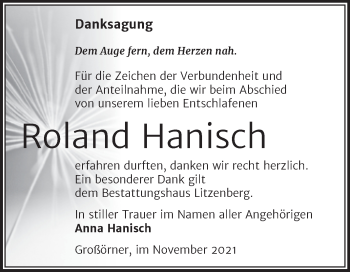 Traueranzeige von Roland Hanisch von Trauerkombi Mansfelder Land