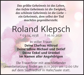 Traueranzeige von Roland Klepsch von Mitteldeutsche Zeitung Halle/Saalkreis