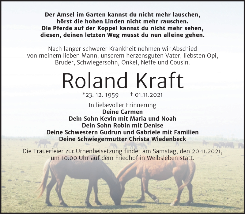  Traueranzeige für Roland Kraft vom 13.11.2021 aus Trauerkombi Mansfelder Land