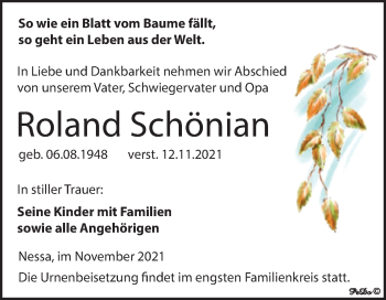 Traueranzeige von Roland Schönian von Trauerkombi Weißenfels