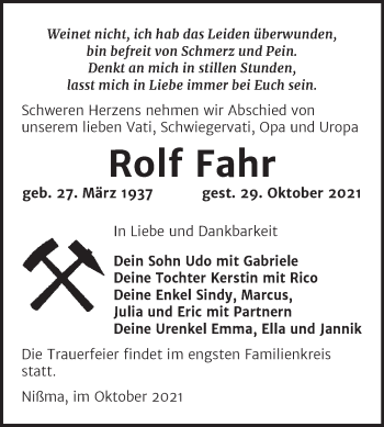 Traueranzeige von Rolf Fahr von Trauerkombi Zeitz