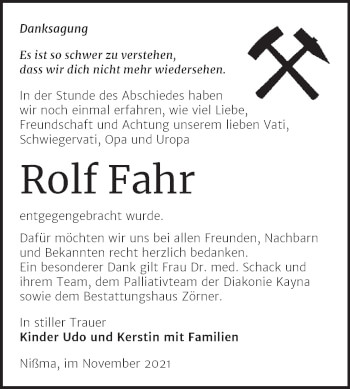 Traueranzeige von Rolf Fahr von Trauerkombi Zeitz