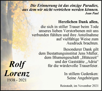 Traueranzeige von Rolf Lorenz von Trauerkombi Quedlinburg