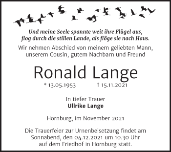 Traueranzeige von Ronald Lange von Trauerkombi Mansfelder Land