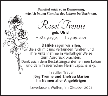 Traueranzeige von Rosel Trenne von Trauerkombi Bitterfeld