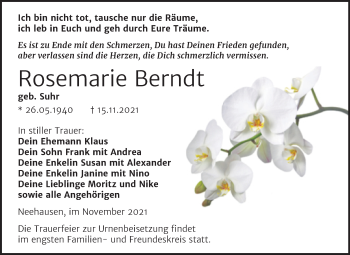 Traueranzeige von Rosemarie Berndt von Trauerkombi Mansfelder Land