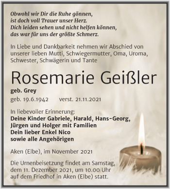 Traueranzeige von Rosemarie Geißler von Trauerkombi Köthen