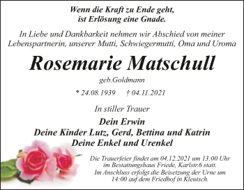 Traueranzeige von Rosemarie Matschull von Trauerkombi Dessau