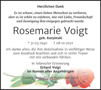 Traueranzeige von Rosemarie Voigt von Trauerkombi Wittenberg