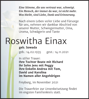 Traueranzeige von Roswitha Einax von Naumburger Tageblatt