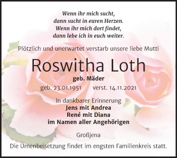 Traueranzeige von Roswitha Loth von Naumburger Tageblatt