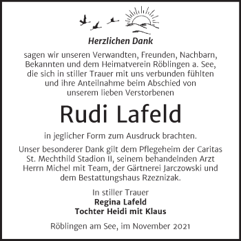 Traueranzeige von Rudi Lafeld von Trauerkombi Mansfelder Land