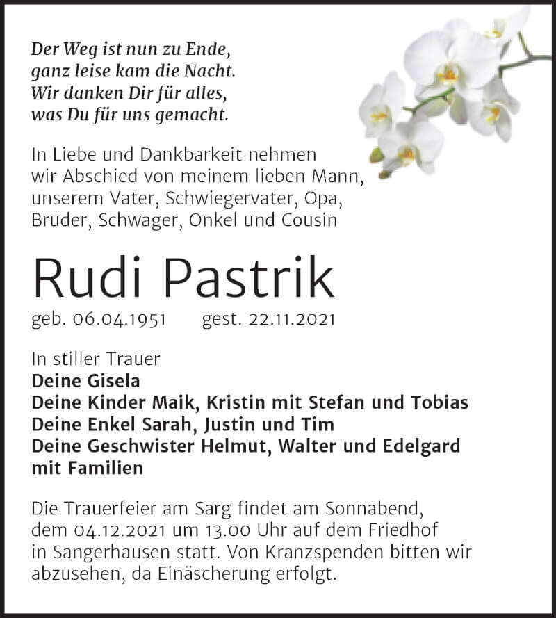  Traueranzeige für Rudi Pastrik vom 27.11.2021 aus Trauerkombi Sangerhausen