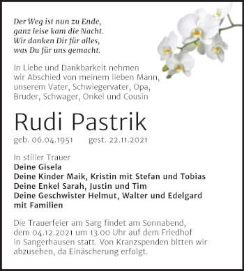 Traueranzeige von Rudi Pastrik von Trauerkombi Sangerhausen