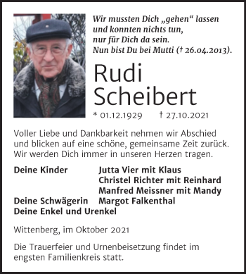 Traueranzeige von Rudi Scheibert von Trauerkombi Wittenberg