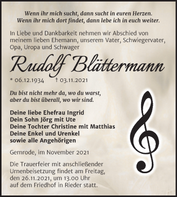 Traueranzeige von Rudolf Blättermann von Trauerkombi Quedlinburg