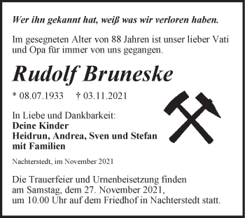 Traueranzeige von Rudolf Bruneske von Trauerkombi Aschersleben