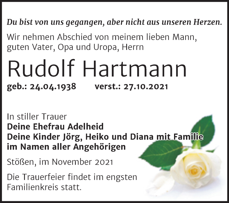  Traueranzeige für Rudolf Hartmann vom 03.11.2021 aus Wochenspiegel Naumburg/Nebra