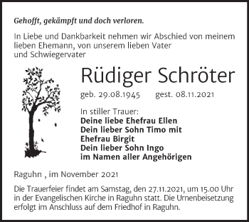 Traueranzeige von Rüdiger Schröter von Trauerkombi Bitterfeld