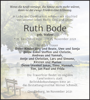 Traueranzeige von Ruth Bode von Mitteldeutsche Zeitung Quedlingburg