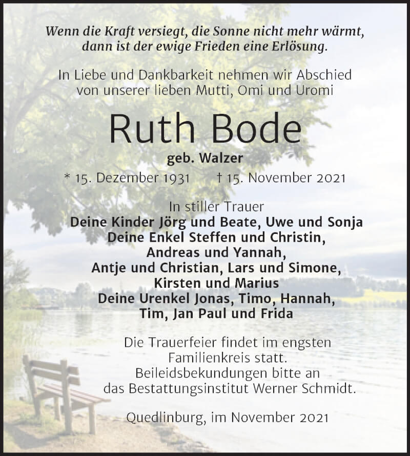  Traueranzeige für Ruth Bode vom 27.11.2021 aus Mitteldeutsche Zeitung Quedlingburg