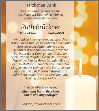 Traueranzeige von Ruth Brückner von Trauerkombi Bitterfeld