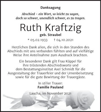 Traueranzeige von Ruth Kraftzig von Wochenspiegel Naumburg/Nebra