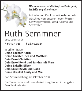 Traueranzeige von Ruth Semmner von Trauerkombi Wittenberg
