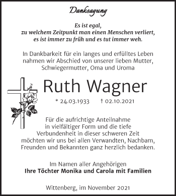 Traueranzeige von Ruth Wagner von Trauerkombi Wittenberg