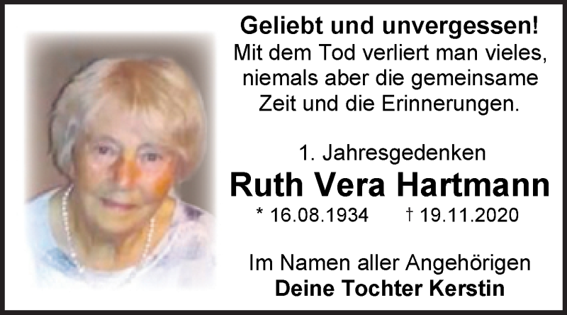  Traueranzeige für Ruth Vera Hartmann vom 19.11.2021 aus Trauerkombi Wittenberg