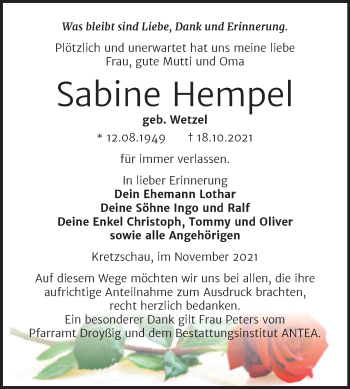 Traueranzeige von Sabine Hempel von Trauerkombi Zeitz