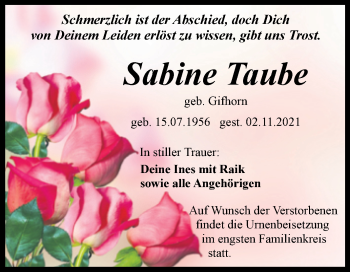 Traueranzeige von Sabine Taube von Trauerkombi Quedlinburg
