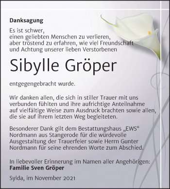 Traueranzeige von Sibylle Gröper von Trauerkombi Mansfelder Land