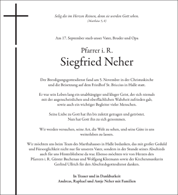 Traueranzeige von Siegfried Neher von Mitteldeutsche Zeitung Halle/Saalkreis
