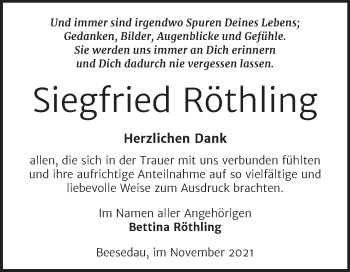 Traueranzeige von Siegfried Röthling von Trauerkombi Bernburg