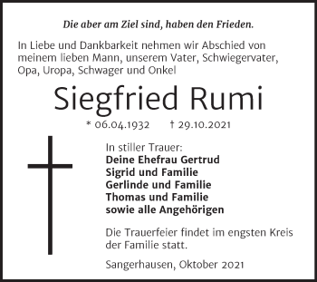 Traueranzeige von Siegfried Rumi von Trauerkombi Sangerhausen
