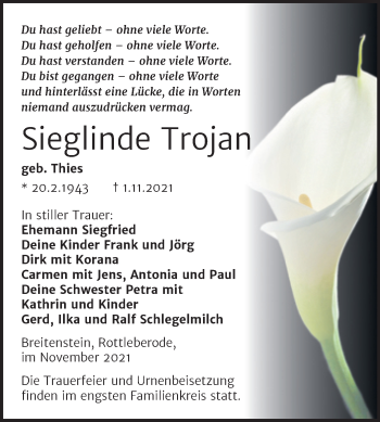 Traueranzeige von Sieglinde Trojan von Trauerkombi Sangerhausen