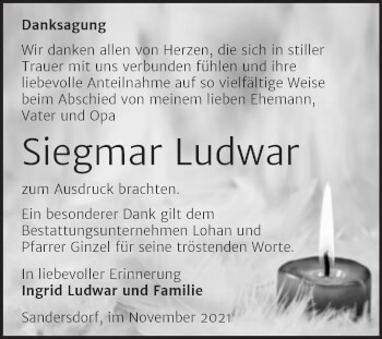 Traueranzeige von Siegmar Ludwar von Trauerkombi Bitterfeld