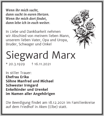 Traueranzeige von Siegward Marx von Trauerkombi Köthen