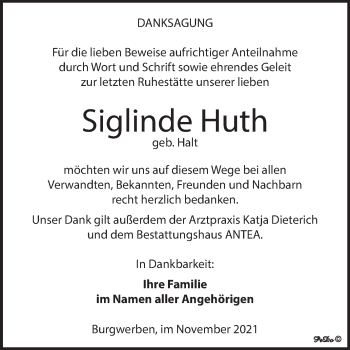 Traueranzeige von Siglinde Huth von Trauerkombi Weißenfels