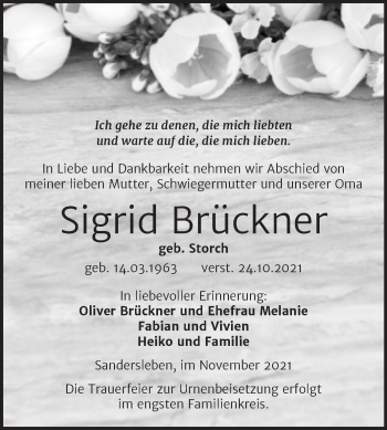 Traueranzeige von Sigrid Brückner von Trauerkombi Mansfelder Land