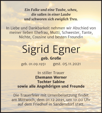 Traueranzeige von Sigrid Egner von Trauerkombi Bitterfeld