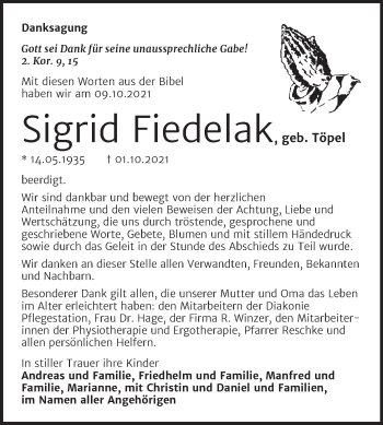 Traueranzeige von Sigrid Fiedelak von Wochenspiegel Naumburg/Nebra