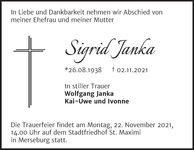  Traueranzeige für Sigrid Janka vom 11.11.2021 aus Trauerkombi Merseburg