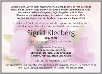 Traueranzeige von Sigrid Kleeberg von Trauerkombi Dessau