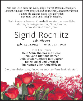 Traueranzeige von Sigrid Rochlitz von Trauerkombi Weißenfels