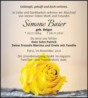 Traueranzeige von Simone Baier von Trauerkombi Köthen