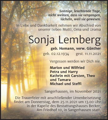 Traueranzeige von Sonja Lemberg von Trauerkombi Sangerhausen