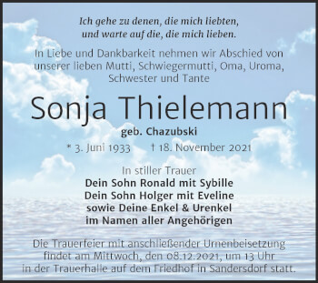 Traueranzeige von Sonja Thielemann von Trauerkombi Bitterfeld